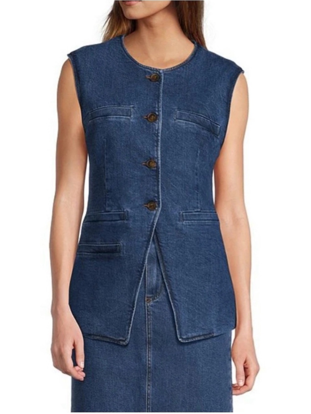 Antonio Melani Sleeveless Denim Button-Front Vest in Deep Blue